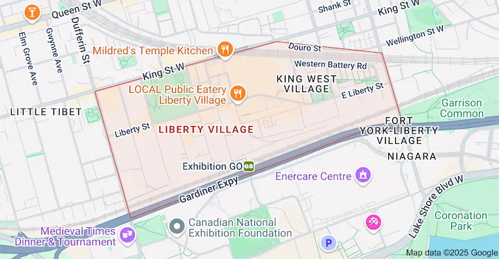 Service area map for garbage bin rental in Liberty Village Toronto