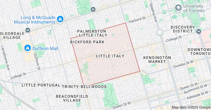 Garbage bin rental service area map for Little Italy Toronto