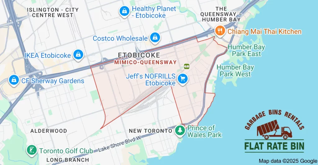 Dumpster rental service area map for Flat Rate Bin in Mimico, Etobicoke.
