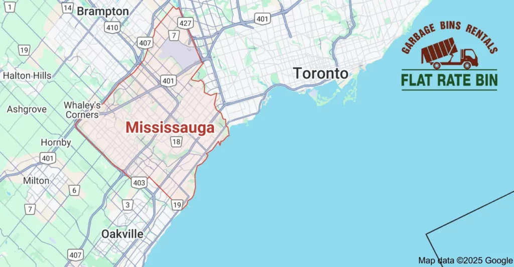 Dumpster rental service area map for Flat Rate Bin in Mississauga, Ontario.
