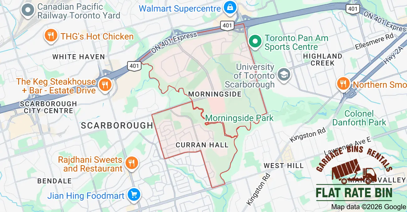 Garbage bin rental service area map showing Flat Rate Bin dumpster delivery coverage in Morningside, Scarborough, Toronto