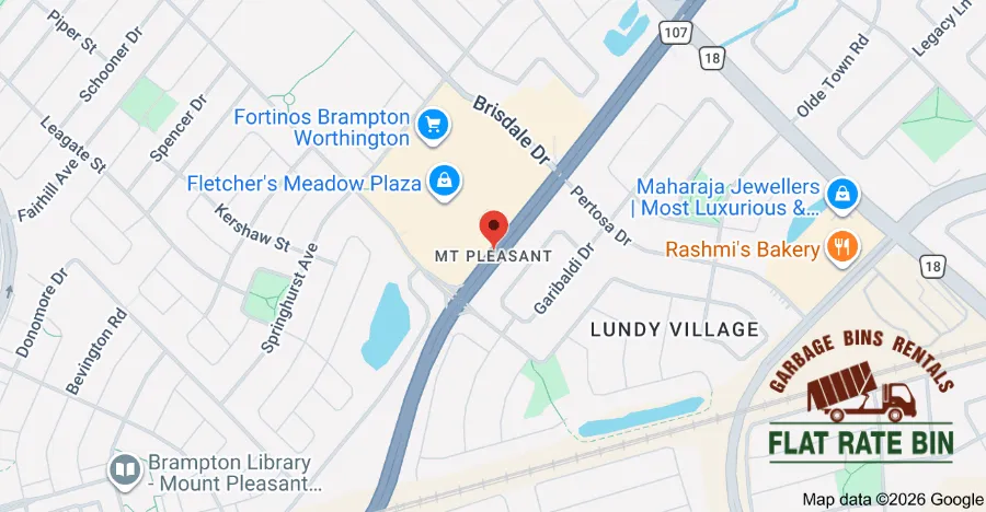 Garbage bin rental service area map showing Flat Rate Bin dumpster delivery coverage in Mount Pleasant Brampton Ontario