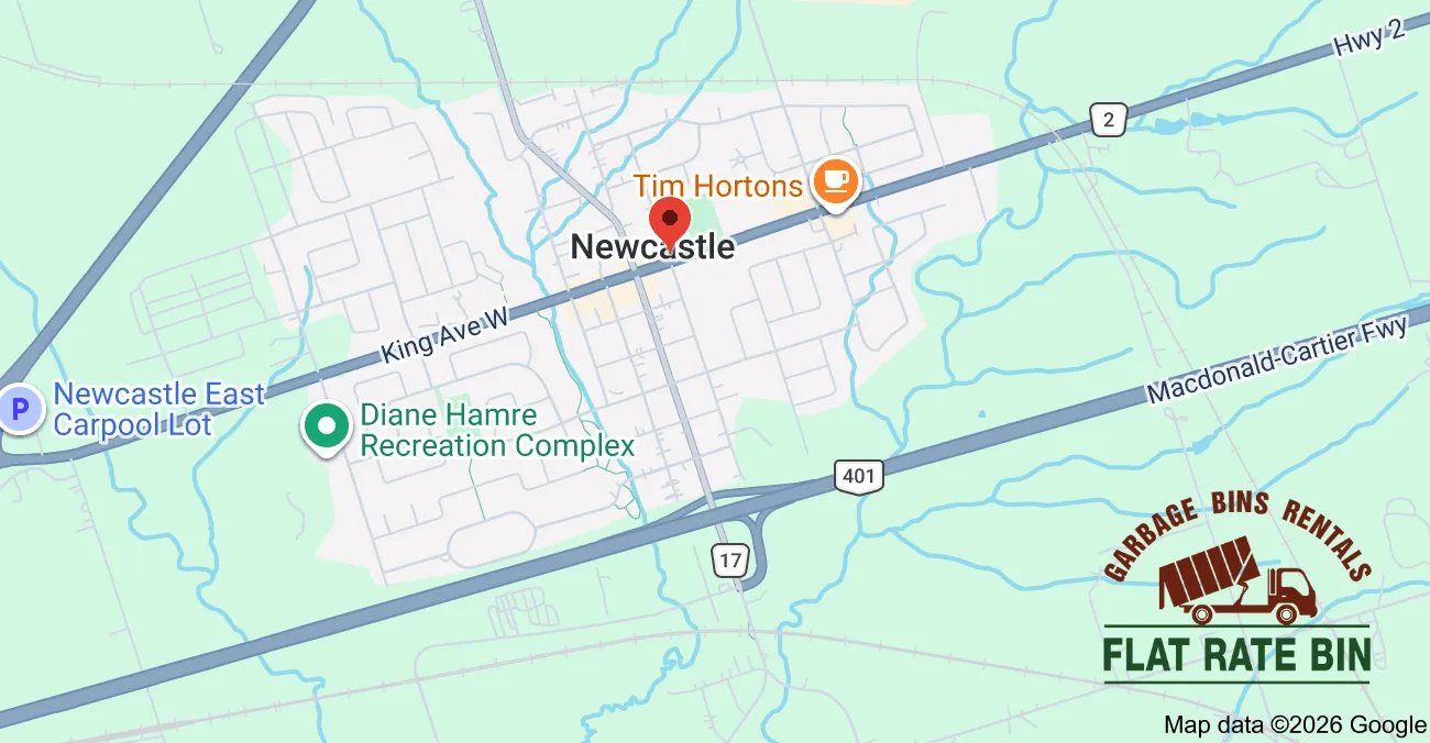 Garbage bin rental service area map showing Flat Rate Bin dumpster delivery coverage across Newcastle, Ontario