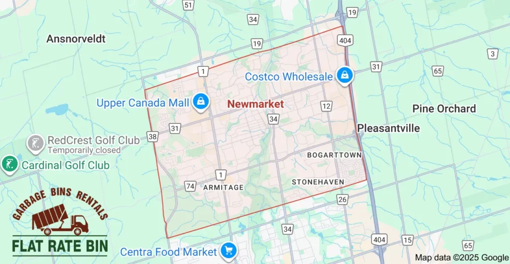 Dumpster rental service area map for Flat Rate Bin in Newmarket, Ontario.