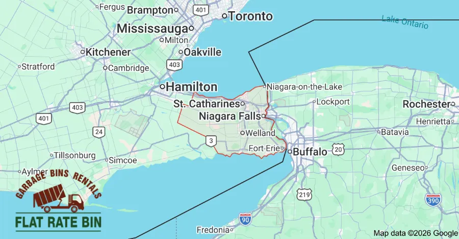 Garbage bin rental service area map showing Flat Rate Bin dumpster delivery coverage across Niagara Region Ontario including St Catharines Niagara Falls Welland Fort Erie and surrounding communities