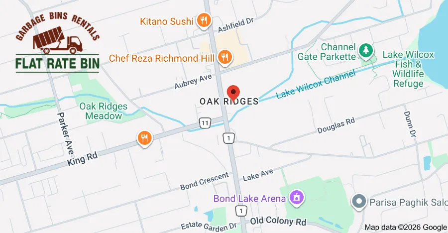 Dumpster rental coverage map for Oak Ridges Richmond Hill Ontario showing serviced area