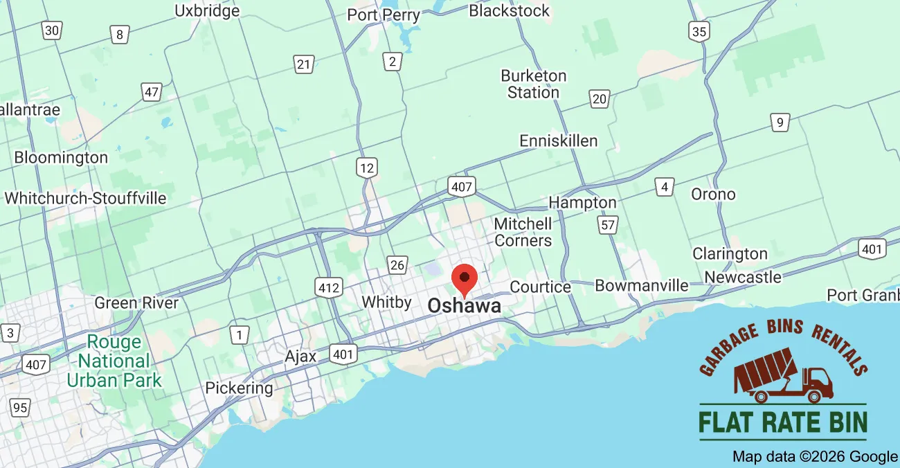 Garbage bin rental service area map showing Flat Rate Bin dumpster delivery coverage across Oshawa, Ontario