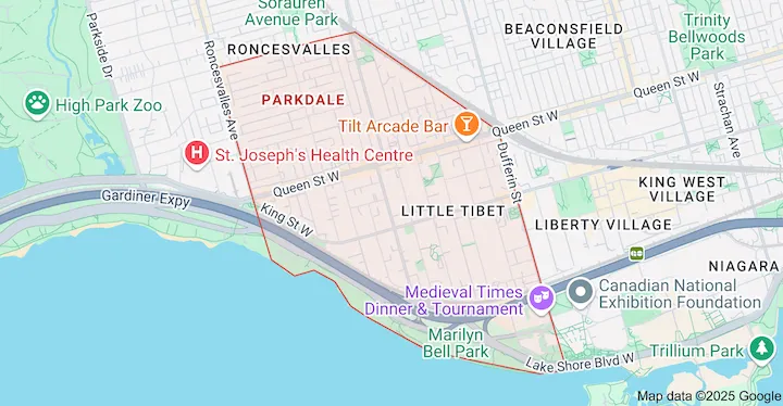 Parkdale Toronto Garbage Bin Rental Service Area Map Service area map for garbage bin rental in Parkdale Toronto