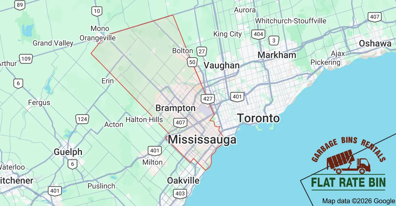 Map showing Flat Rate Bin garbage bin rental service coverage throughout Peel Region including Mississauga, Brampton, and Caledon