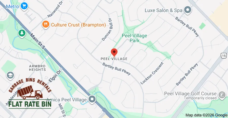 Garbage bin rental service area map showing Flat Rate Bin dumpster delivery coverage in Peel Village Brampton Ontario