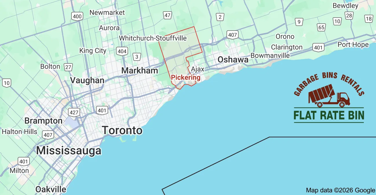 Garbage bin rental service area map showing Flat Rate Bin dumpster delivery coverage across Pickering, Ontario