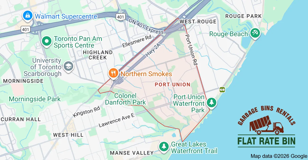 Garbage bin rental service area map showing Flat Rate Bin dumpster delivery coverage in Port Union, Scarborough, Toronto