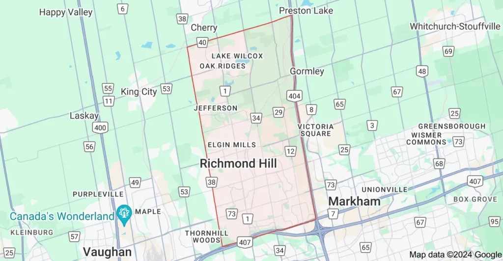 Map showing the Flat Rate Bin garbage bin rental service area in Richmond Hill, including Oak Ridges, Lake Wilcox, Jefferson, Elgin Mills, Thornhill Woods, and surrounding neighborhoods near Vaughan and Markham.