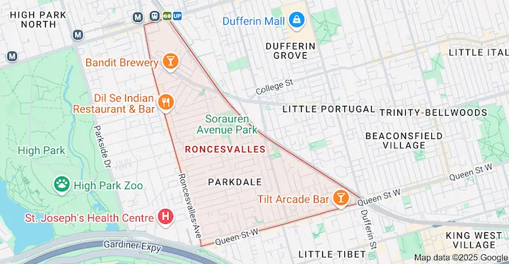 Service area map for garbage bin rental in Roncesvalles Toronto