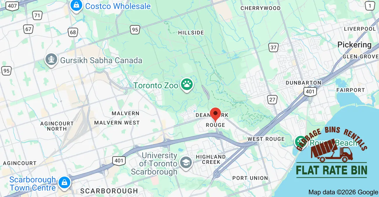 Garbage bin rental service area map showing Flat Rate Bin dumpster delivery coverage in Rouge, Scarborough, Toronto