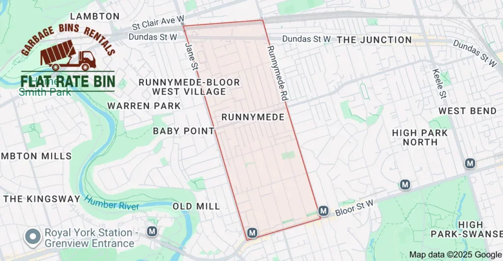 Dumpster rental service area map for Flat Rate Bin in Runnymede, Toronto.