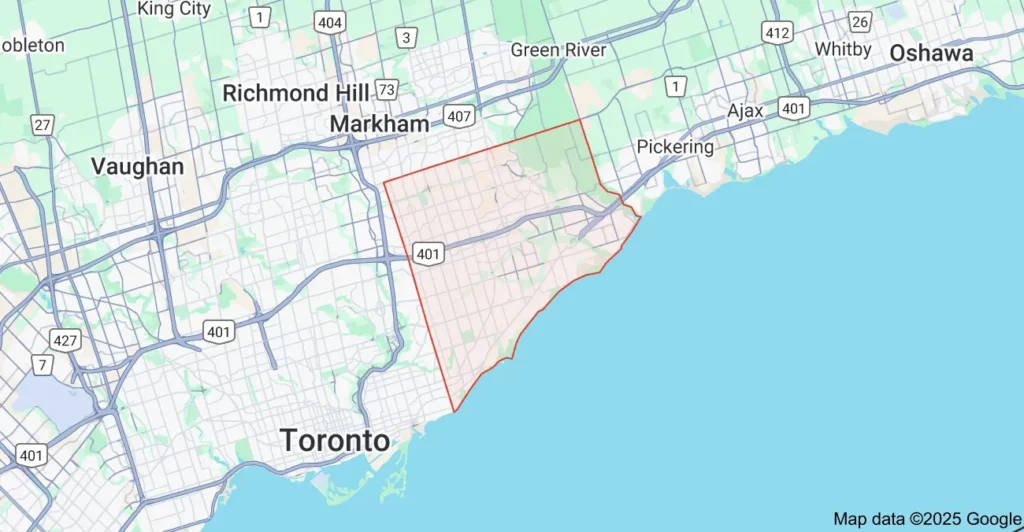 Dumpster rental service area map for Flat Rate Bin in Scarborough, Ontario.