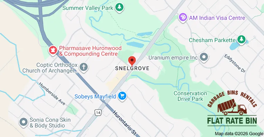 Garbage bin rental service area map showing Flat Rate Bin dumpster delivery coverage in Snelgrove Brampton Ontario