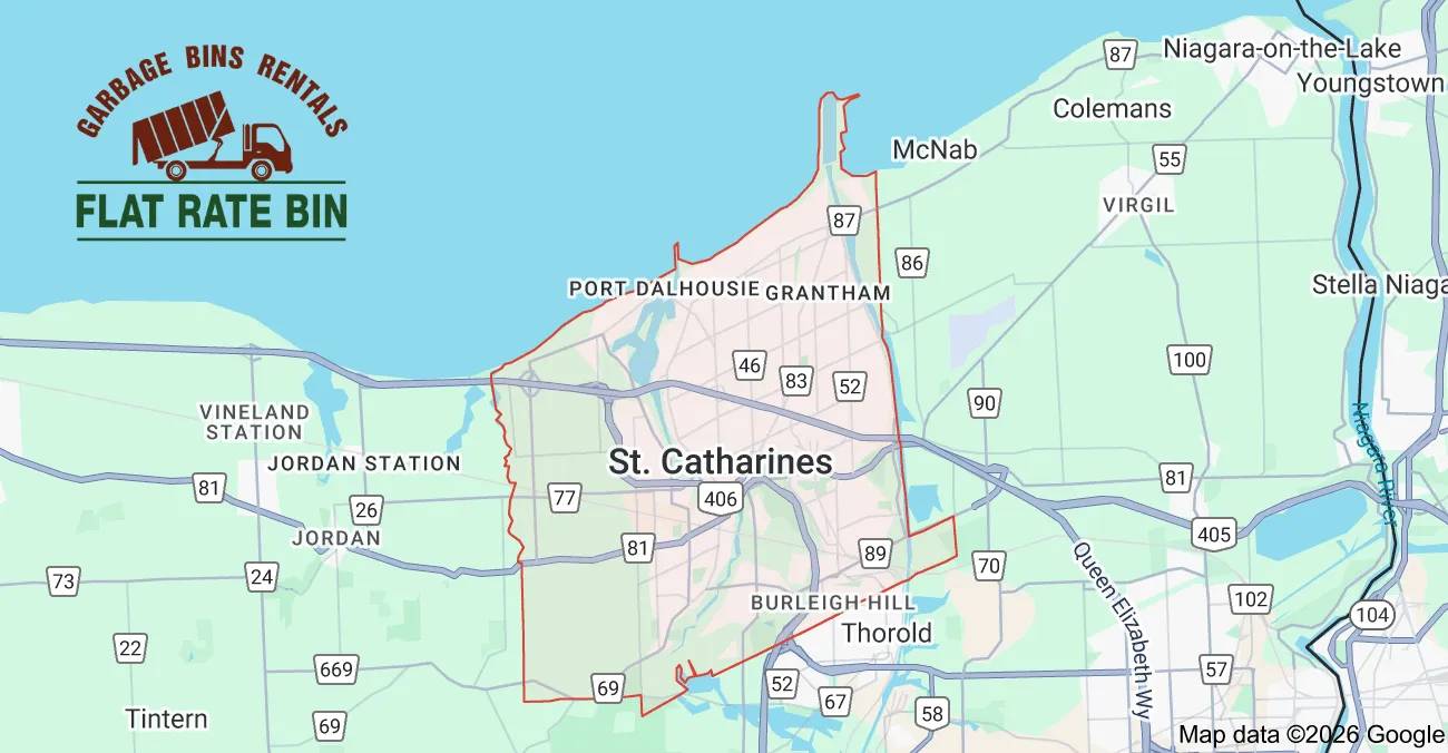 Garbage bin rental service area map showing Flat Rate Bin dumpster delivery coverage across St. Catharines, Ontario