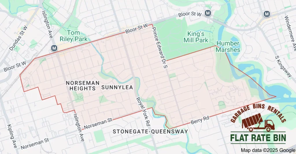 Sunnylea map Dumpster rental service area map for Flat Rate Bin in Sunnylea, Etobicoke.