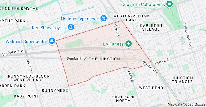 Garbage bin rental service area map for The Junction in Toronto