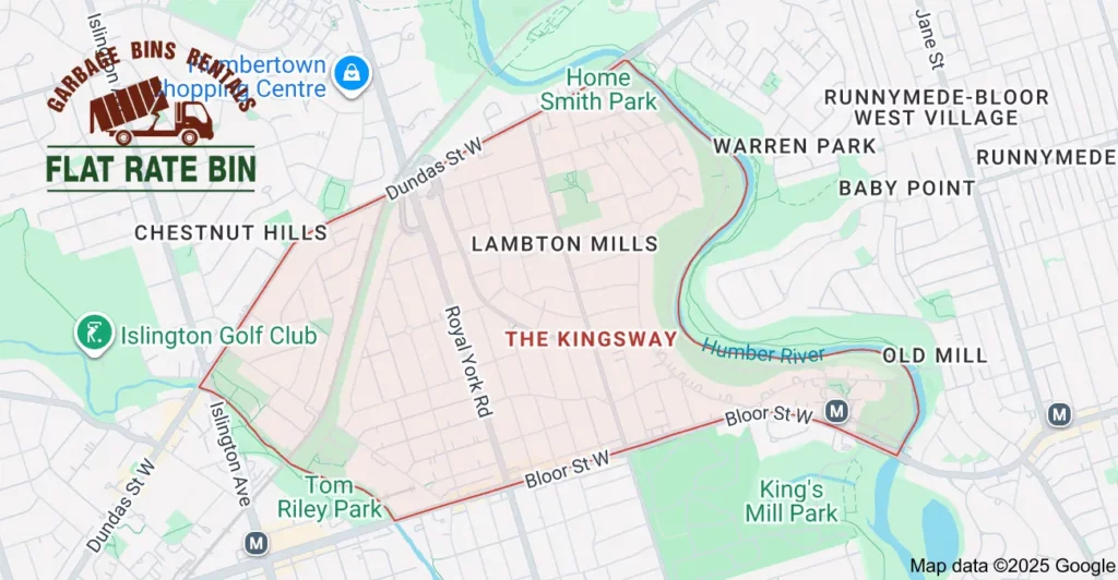 Map showing the Flat Rate Bin garbage bin rental service area in The Kingsway, Etobicoke, including Lambton Mills, Chestnut Hills, Baby Point, Warren Park, Old Mill, and nearby west-end Toronto neighborhoods.