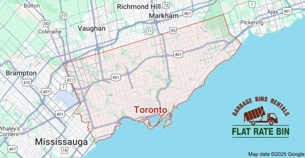 Map showing the Flat Rate Bin garbage bin rental service area in Toronto, including Downtown Toronto, Etobicoke, North York, Scarborough, Midtown, Leslieville, The Beaches, and nearby GTA neighborhoods.