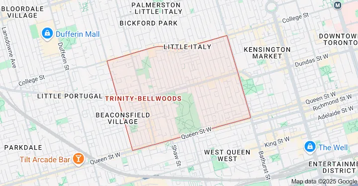 Service area map for garbage bin rental in Trinity-Bellwoods Toronto