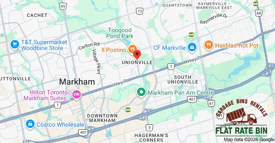 Garbage bin rental service area map showing Flat Rate Bin dumpster delivery coverage in Unionville Markham Ontario