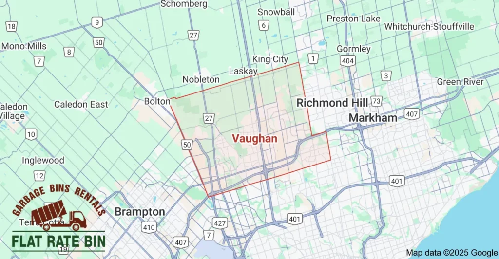 Dumpster rental service area map for Flat Rate Bin in Vaughan, Ontario.