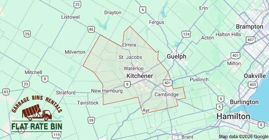 Garbage bin rental service area map showing Flat Rate Bin dumpster delivery coverage across Waterloo Region including Kitchener, Waterloo, and Cambridge