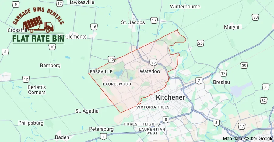 Garbage Bin Rental Service Coverage in Waterloo, Ontario Garbage bin rental service area map showing Flat Rate Bin dumpster delivery coverage across Waterloo, Ontario