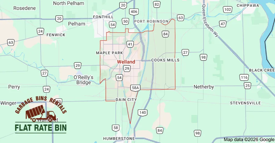 Garbage bin rental service area map showing Flat Rate Bin dumpster delivery coverage in Welland Ontario