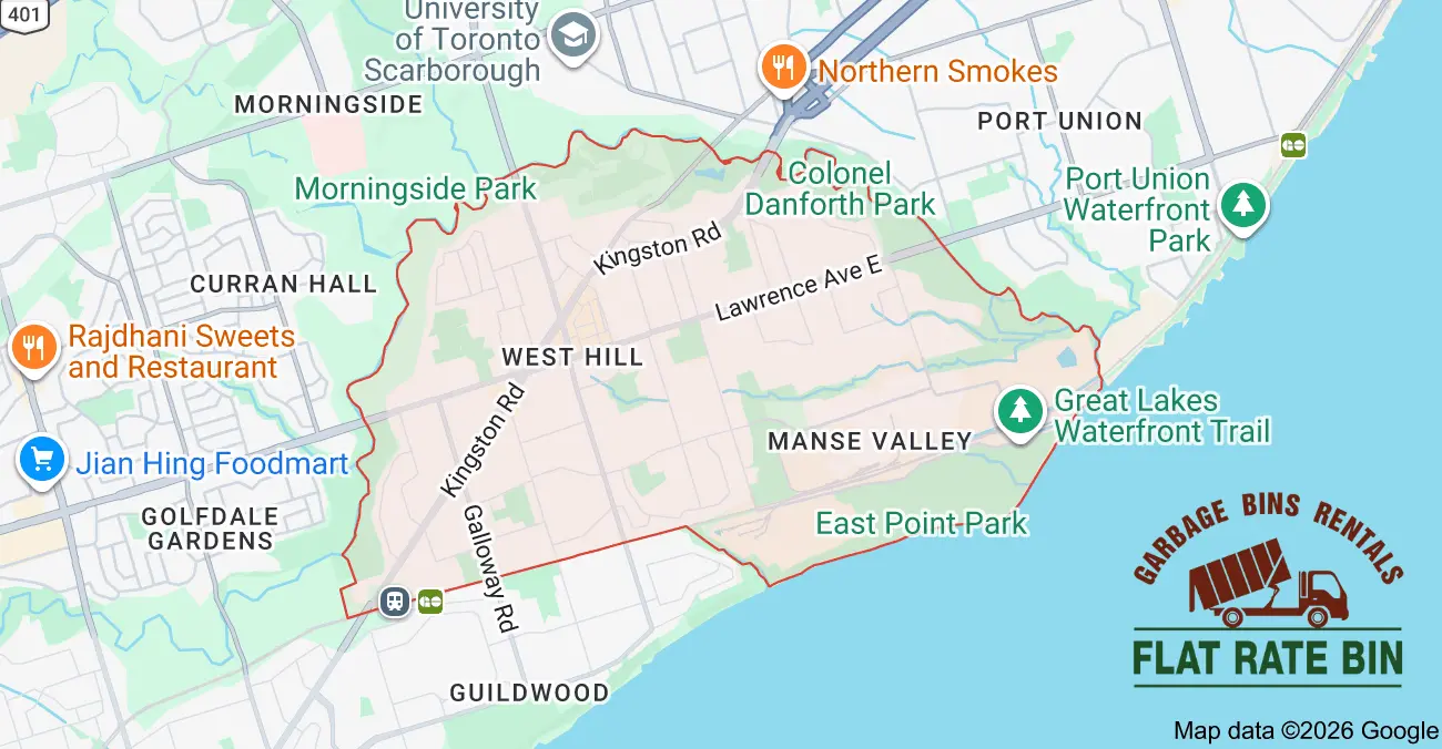 Garbage bin rental service area map showing Flat Rate Bin dumpster delivery coverage in West Hill, Scarborough, Toronto