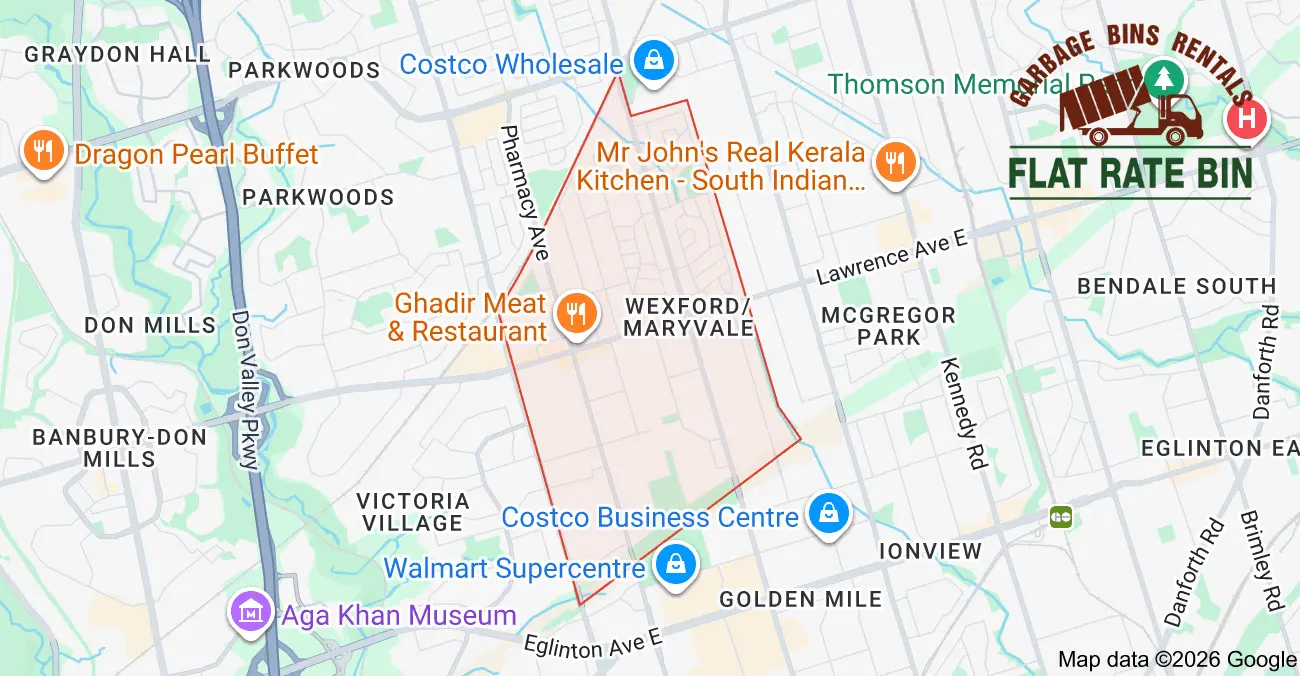 Garbage bin rental service area map showing Flat Rate Bin dumpster delivery coverage in Wexford–Maryvale, Scarborough, Toronto