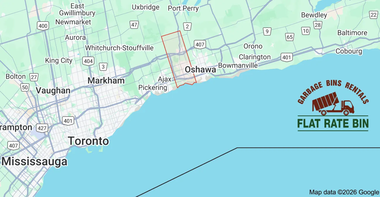 Garbage bin rental service area map showing Flat Rate Bin dumpster delivery coverage across Whitby, Ontario