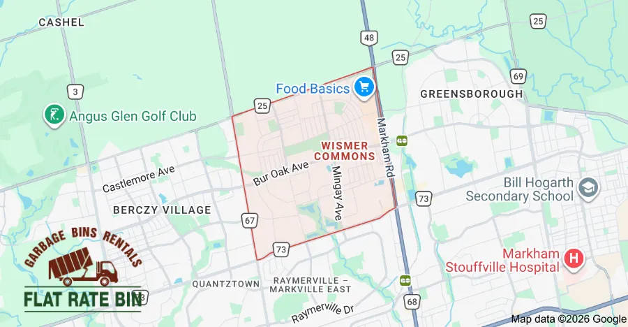 Garbage bin rental service area map showing Flat Rate Bin dumpster delivery coverage in Wismer Commons Markham Ontario