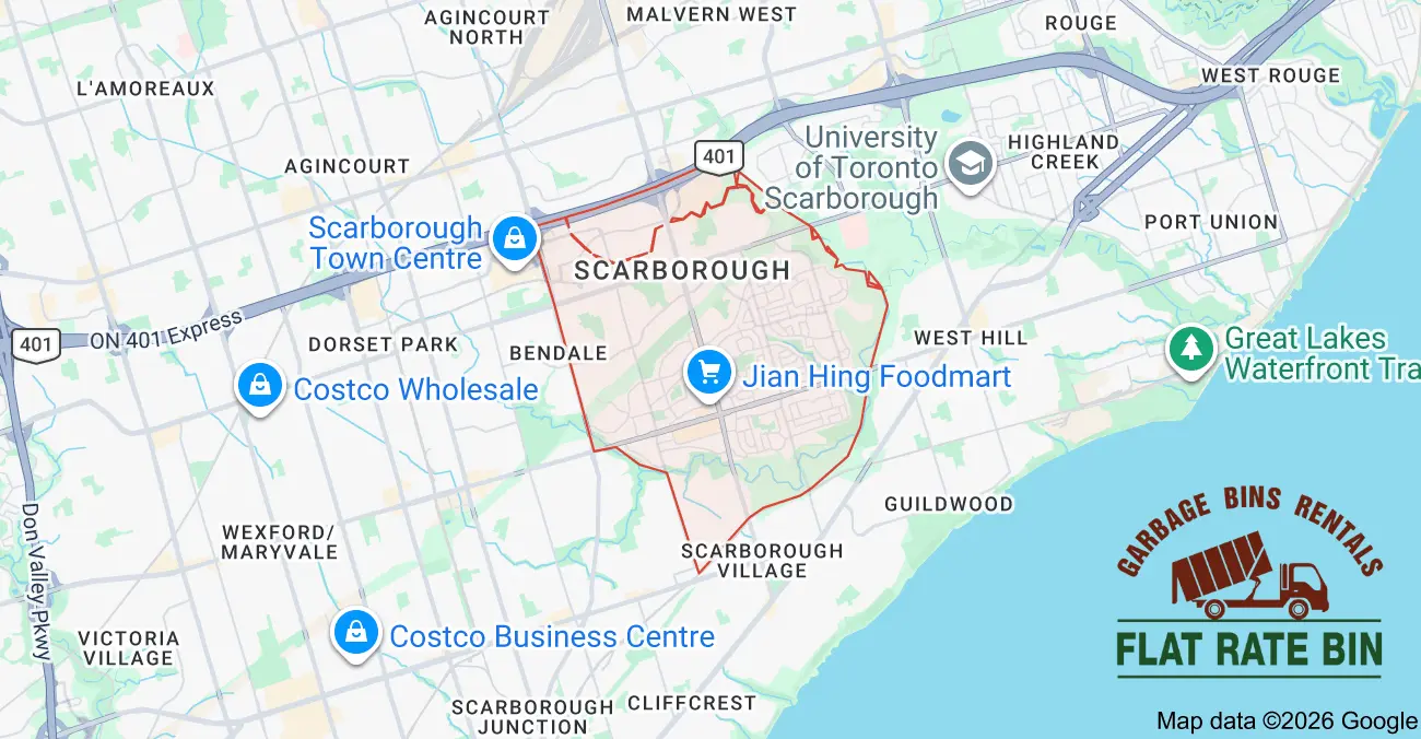 Garbage Bin Rental Service Coverage Garbage bin rental service area map showing Flat Rate Bin dumpster delivery coverage in Woburn, Scarborough, Toronto