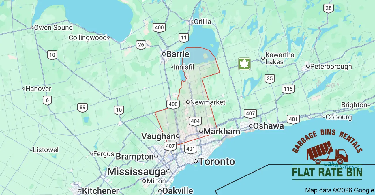 Garbage Bin Rental Service Coverage in York Region, Ontario Garbage bin rental service area map showing Flat Rate Bin dumpster delivery coverage across York Region, Ontario