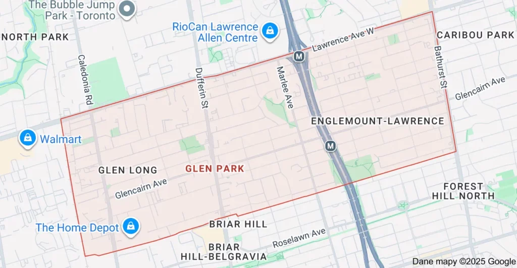 Service area map showing Flat Rate Bin garbage bin rental coverage in Glen Park North York Toronto