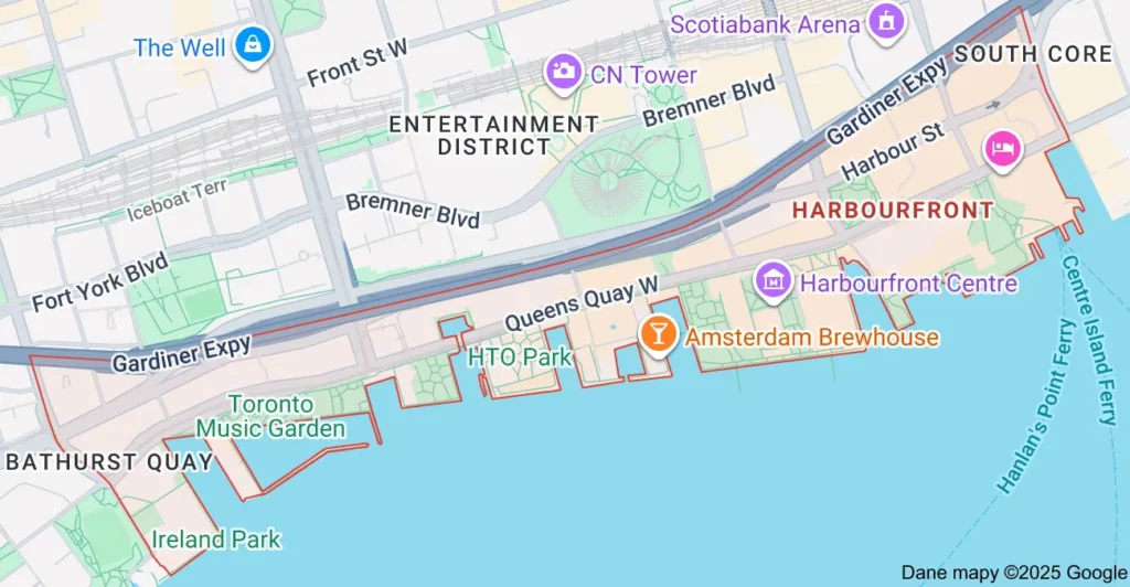 Harbourfront Toronto Garbage Bin Rental Service Area Map Service area map showing Flat Rate Bin garbage bin rental coverage in Harbourfront Toronto