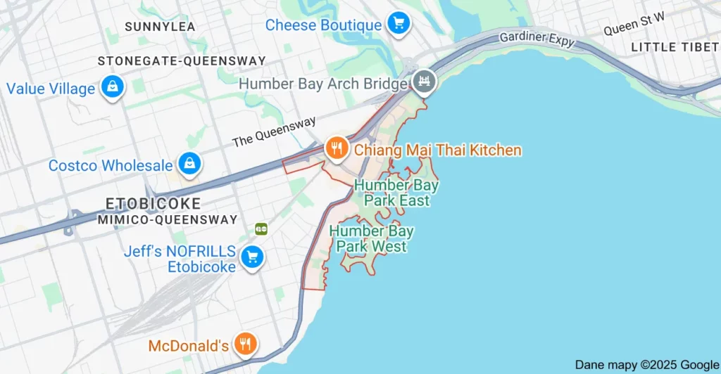 Service area map showing Flat Rate Bin garbage bin rental coverage in Humber Bay Shores Etobicoke