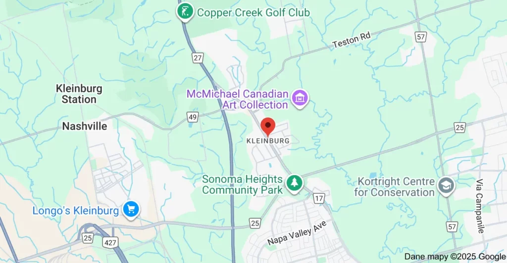 Service area map showing garbage bin rental coverage across Kleinburg Vaughan, including Nashville Road, Islington Avenue, and nearby estates.