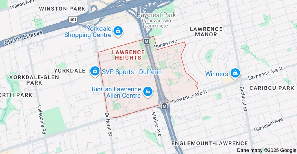 Service area map showing Flat Rate Bin garbage bin rental coverage in Lawrence Heights North York Toronto