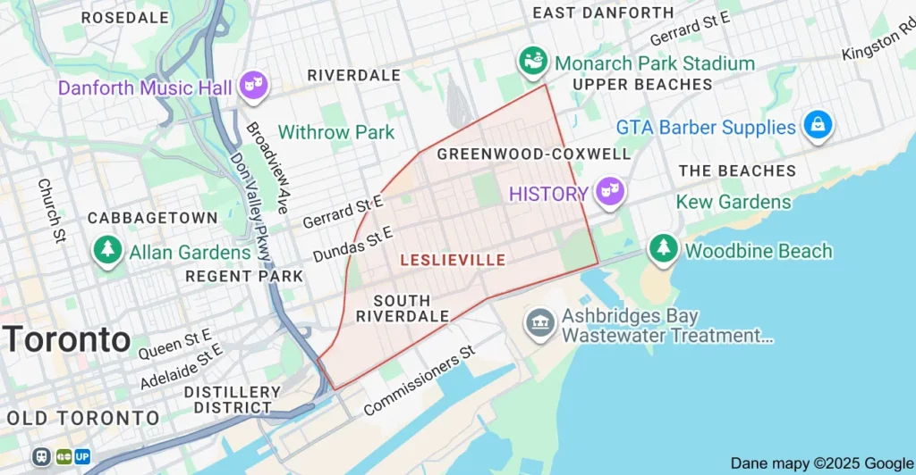 Leslieville Toronto 1 Service area map showing Flat Rate Bin garbage bin rental coverage in Leslieville Toronto