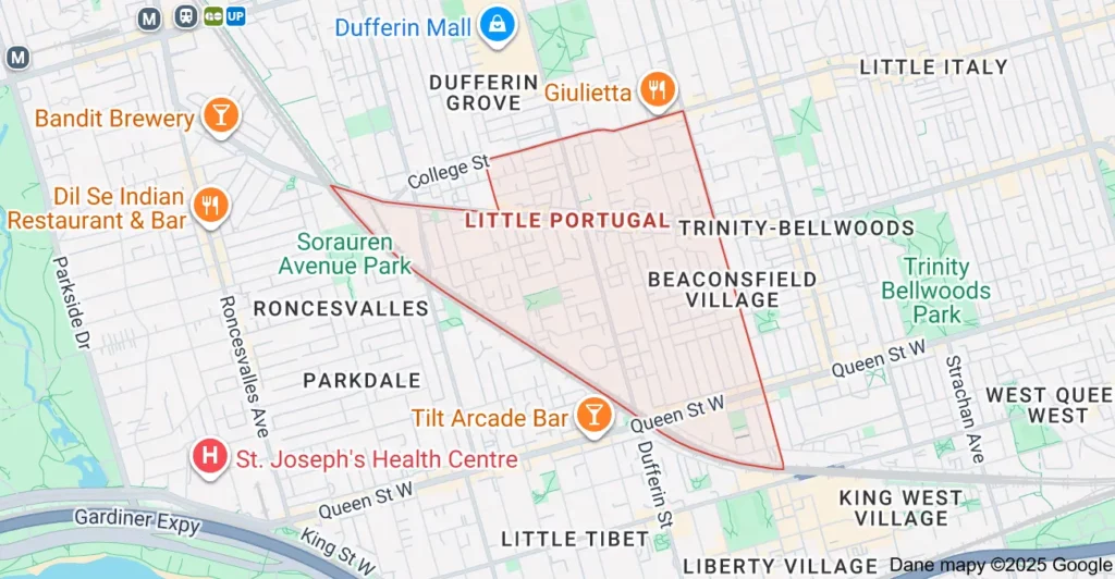 Little Portugal Dumpster Rental Service Area Map Service area map showing Flat Rate Bin garbage bin rental coverage in Little Portugal Toronto