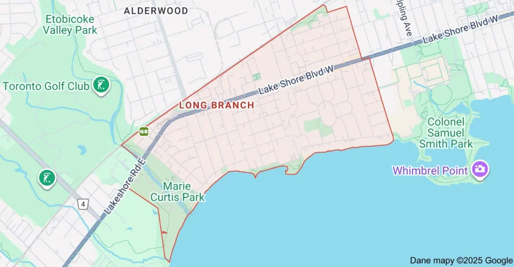 Service area map showing Flat Rate Bin garbage bin rental coverage in Long Branch Etobicoke