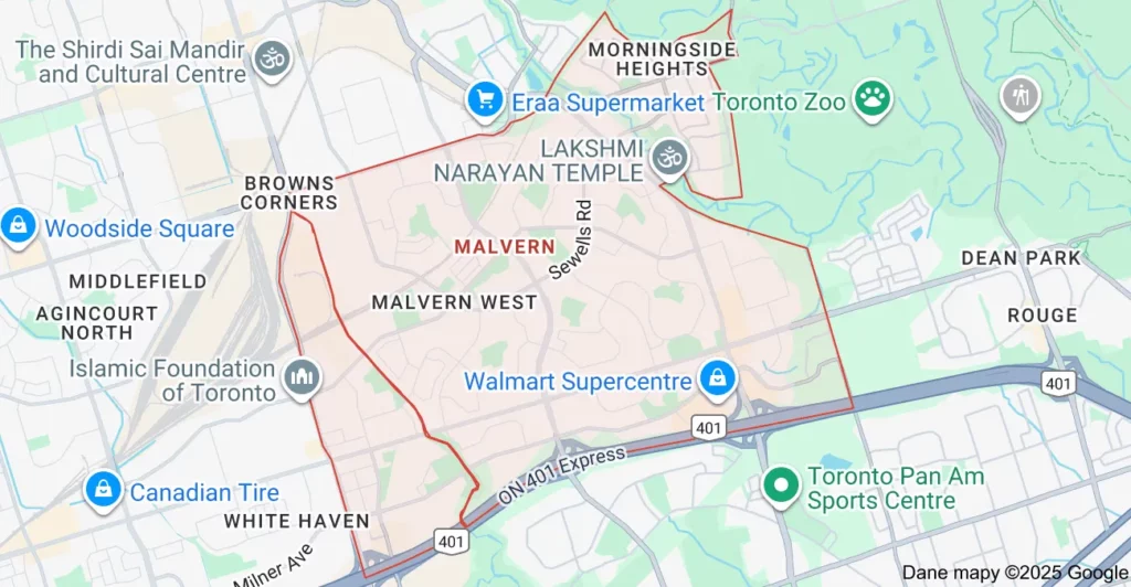 Service area map showing Flat Rate Bin garbage bin rental coverage in Malvern Scarborough