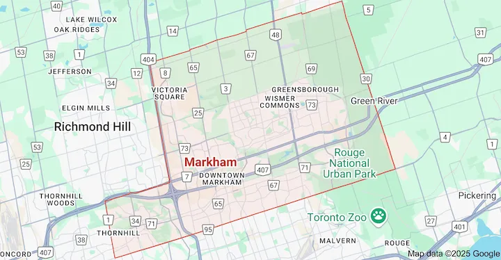 Garbage bin rental service area map in Markham, Ontario
