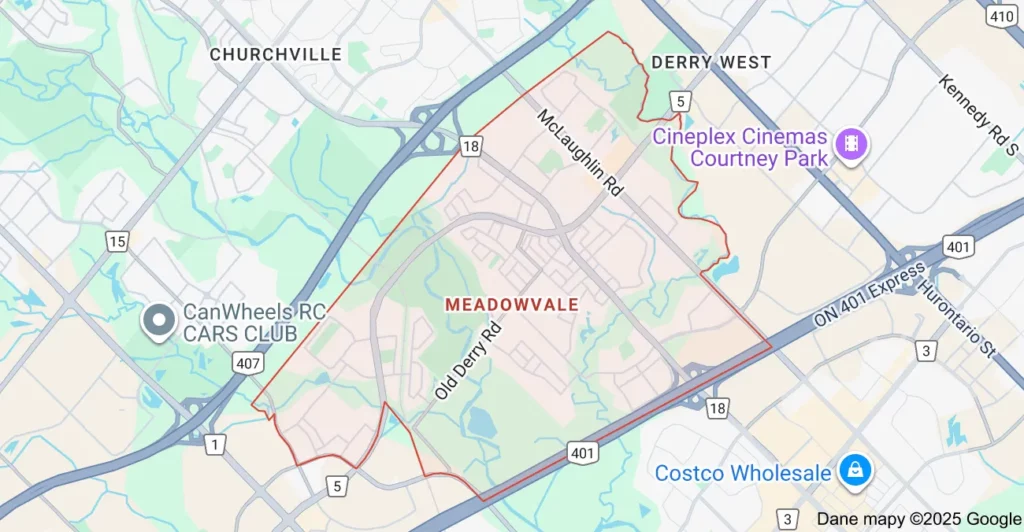 Service area map showing Flat Rate Bin garbage bin rental coverage in Meadowvale Mississauga
